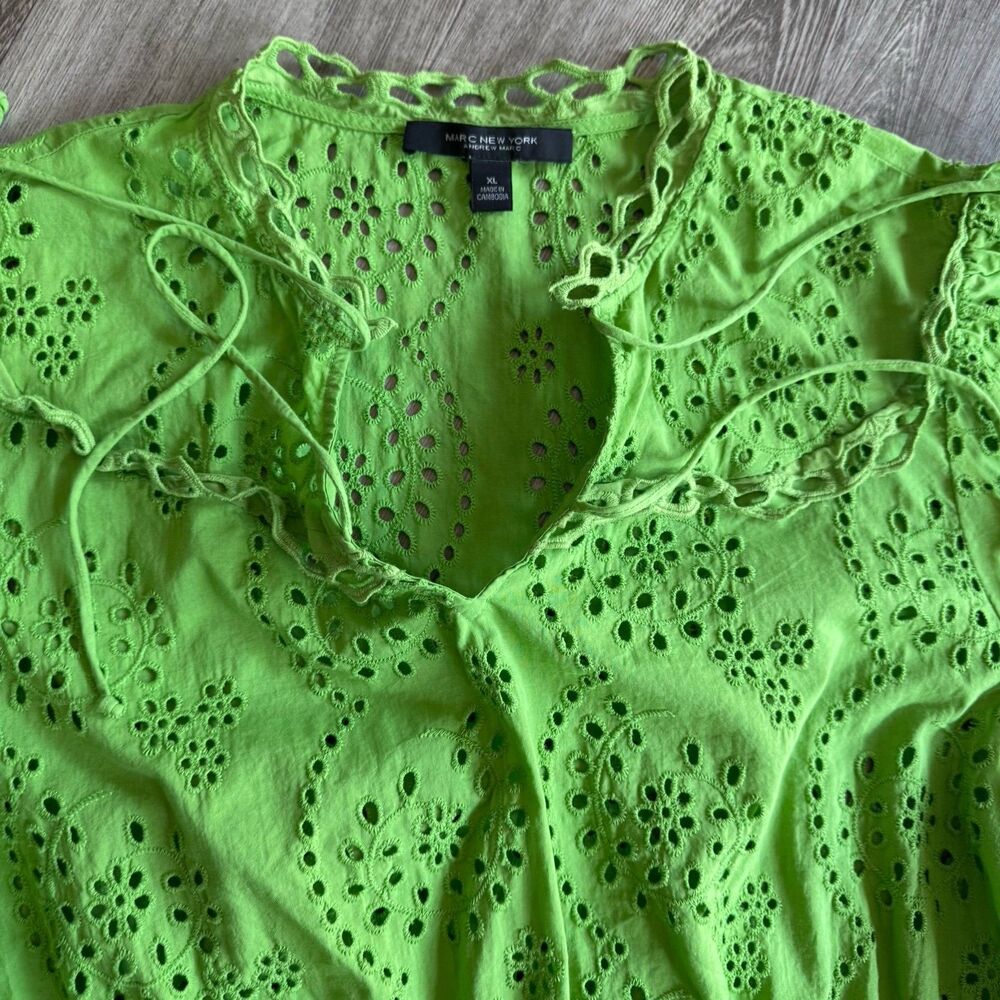 Marc New York 100% Cotton Sz XL Eyelet Boho Fairycore Romantic Blouse Lime Green - Picture 14 of 16